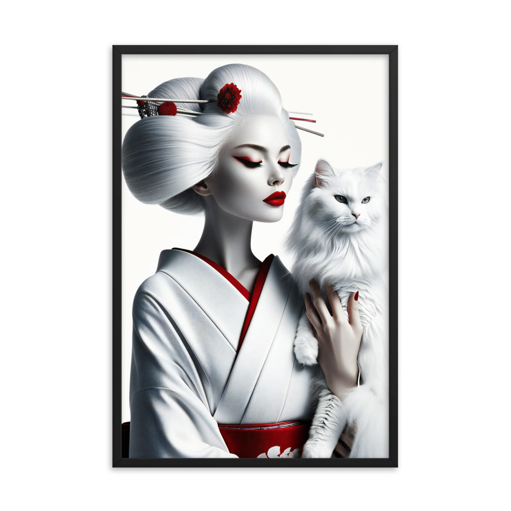 Framed Kimono Art Poster|White Cat