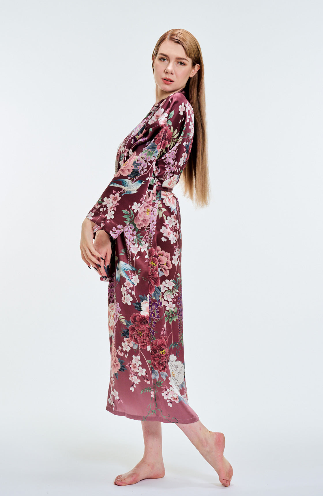 Kimono Silk Robe peonies Red