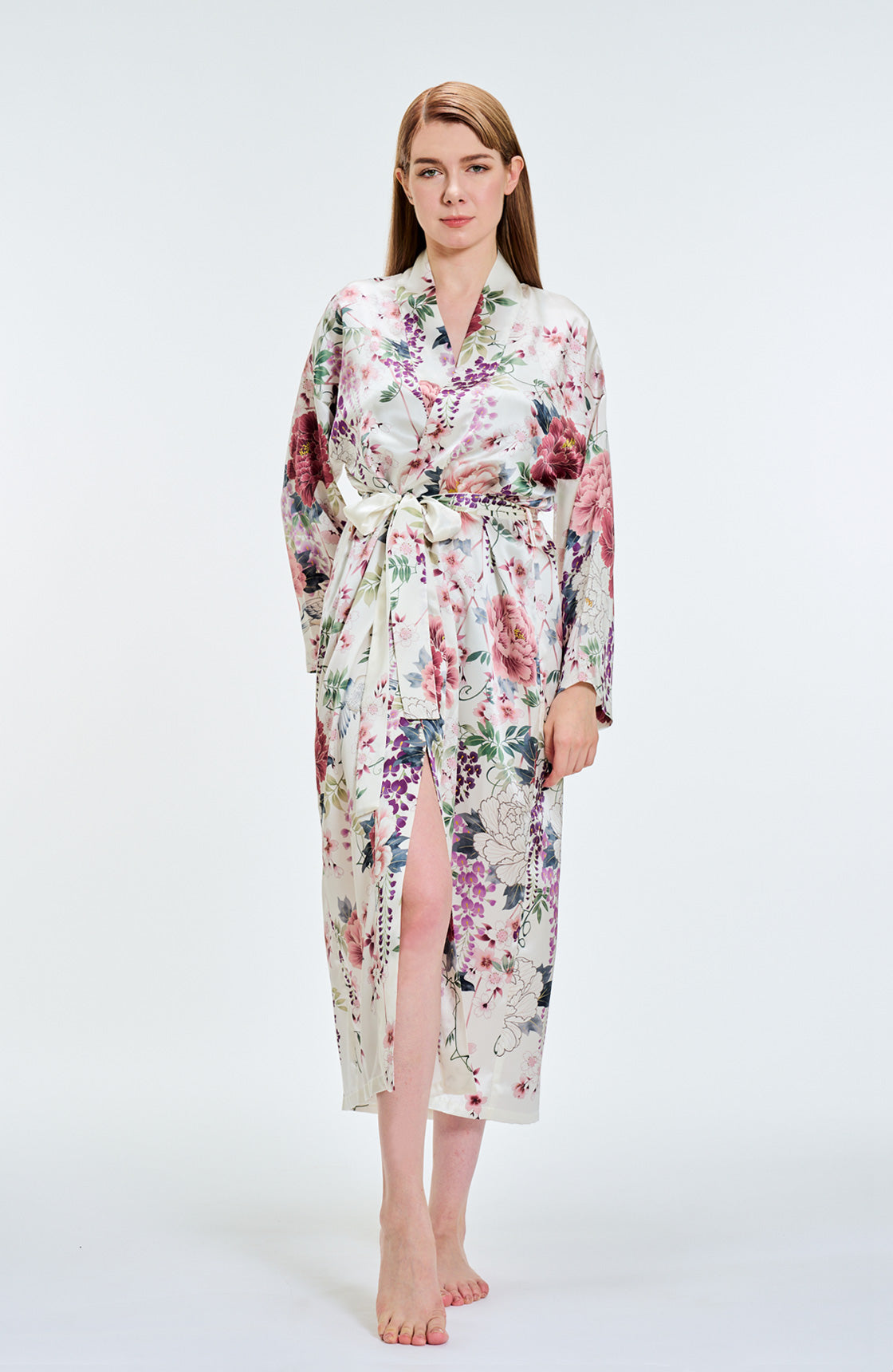 Kimono Silk Robe peonies White