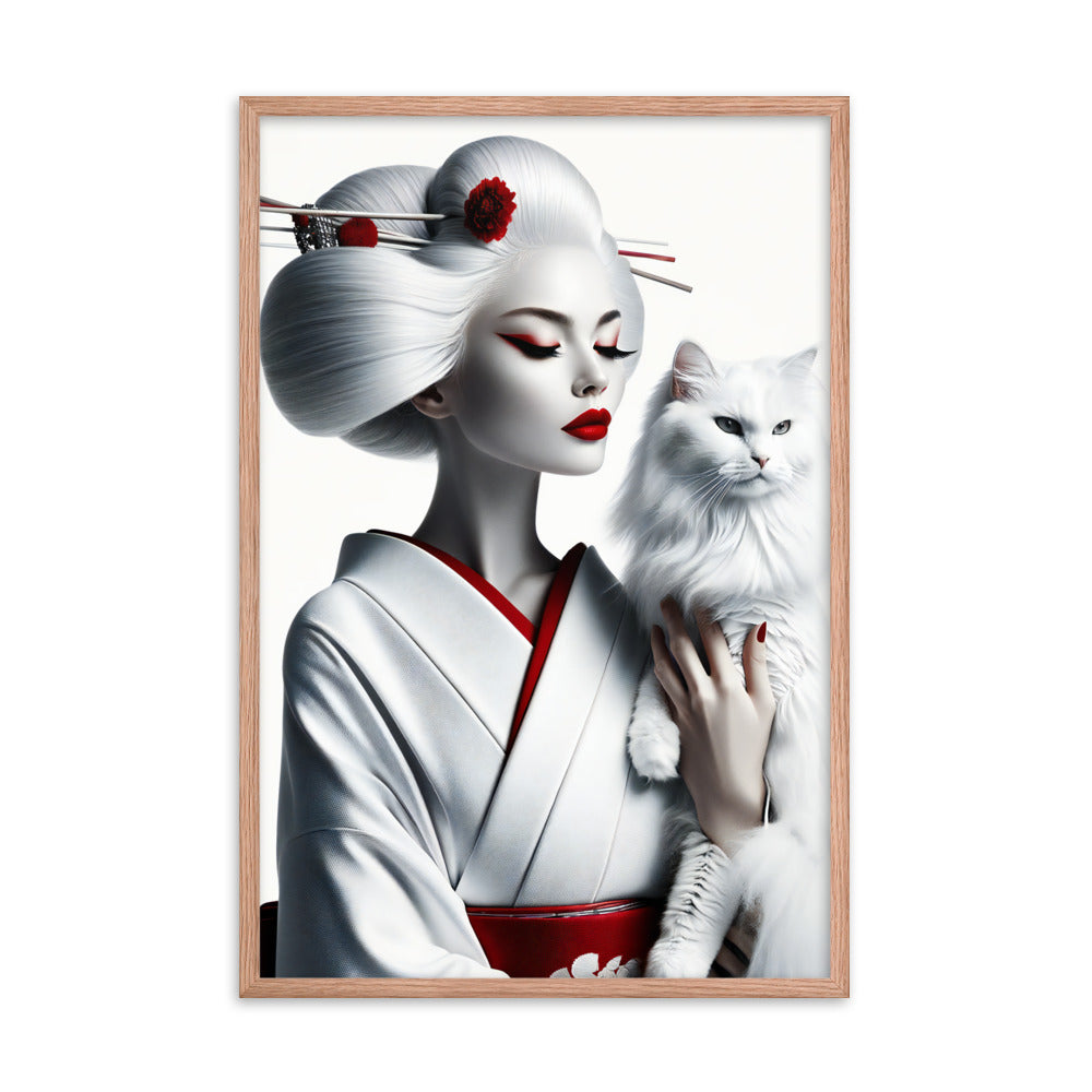 Framed Kimono Art Poster｜White Cat