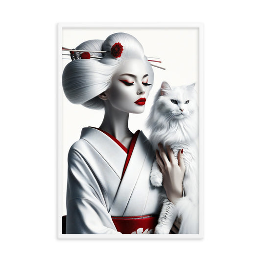 Framed Kimono Art Poster｜White Cat