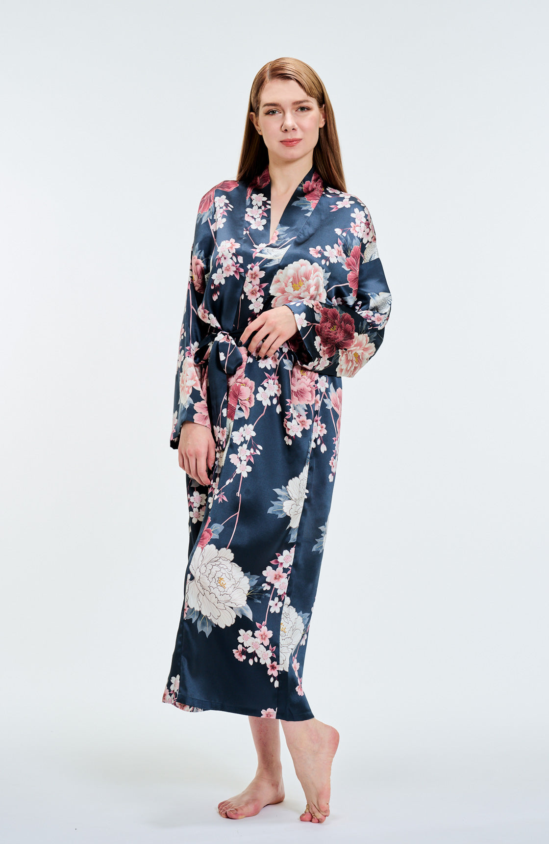 Kimono Silk Robe peonies Navv