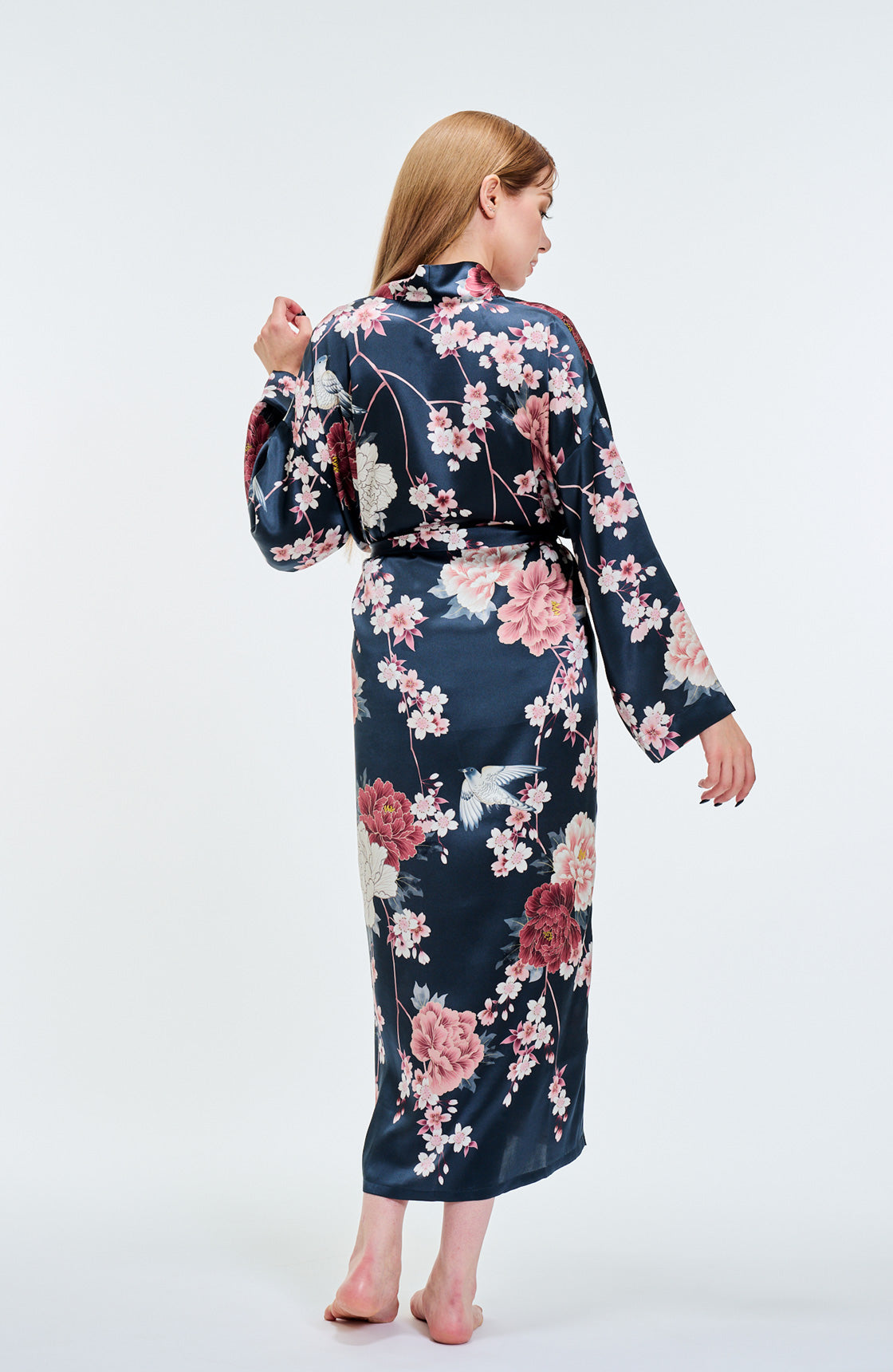 Kimono Silk Robe peonies Navv