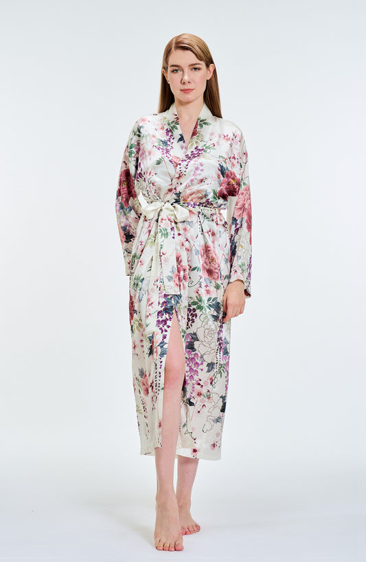 Kimono Silk Robe peonies White